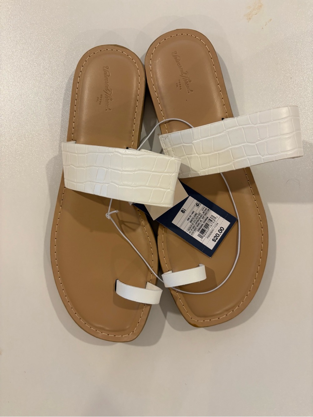 White Croc-Embossed Toe-Ring Sandals with Tan Footbed